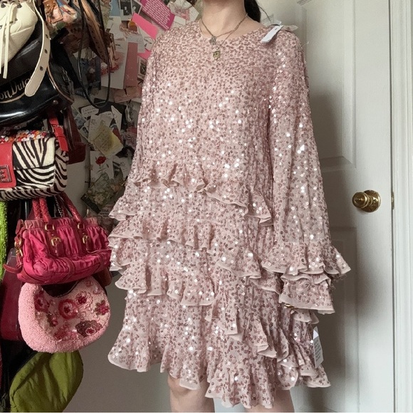 ASOS EDITION NWT frill sequin smock mini dress in blush SMALL - Picture 3 of 5